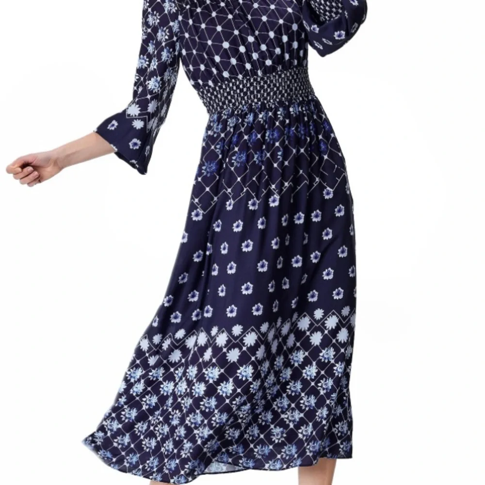 eShakti Floral Geo Print Crepe Smocked Dress - Picture 3 of 5